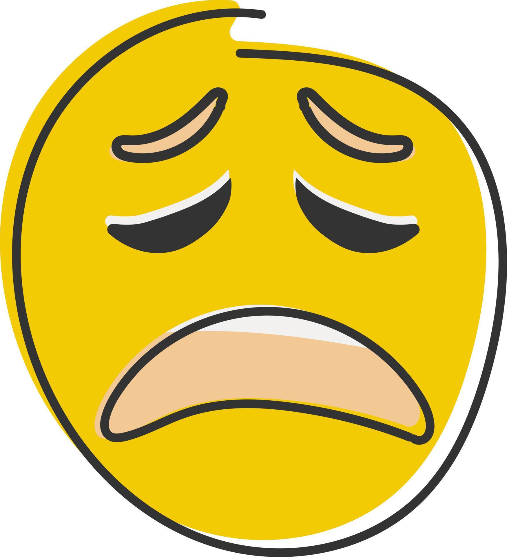 Exhausted emoji. Tired emoticon, yellow face with closed eyes. Hand