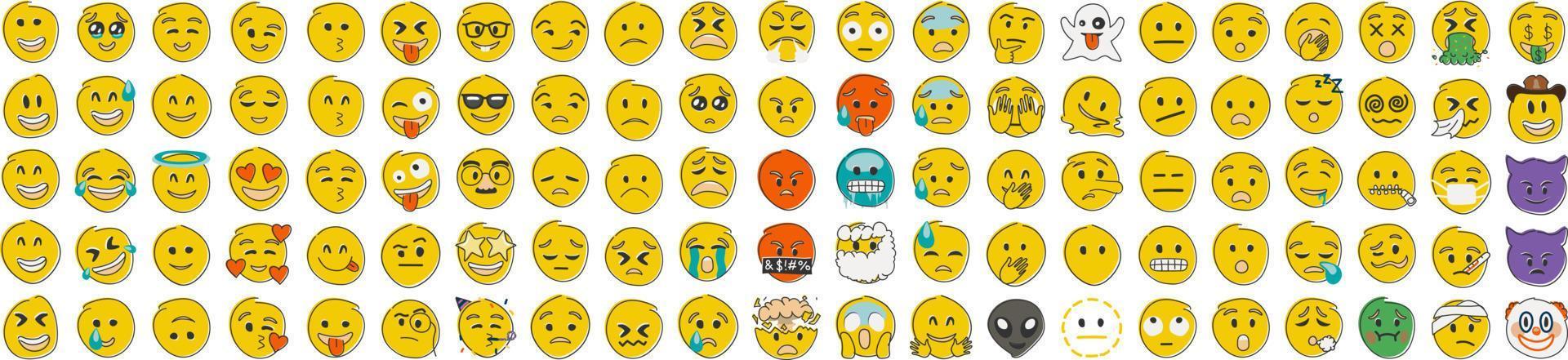 Hand drawn yellow emoji in flat shape style. Funny emoticons faces with facial expressions. Big set. vector