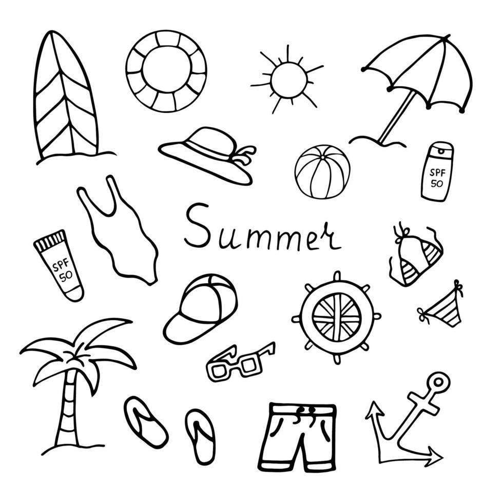 Set of summer beach elements in hand drawn doodle style. Monochrome vector illustration isolated on white background. Collection of things for vacation.