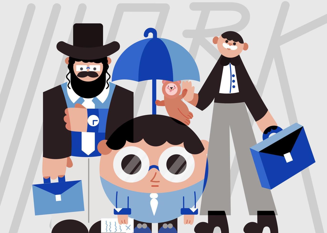 Illustration of jewish businessmen, senior and junior going to work on a rainy day. A little teddy bear is an element of childhood that adults carry in themselves, regardless of their age and status vector