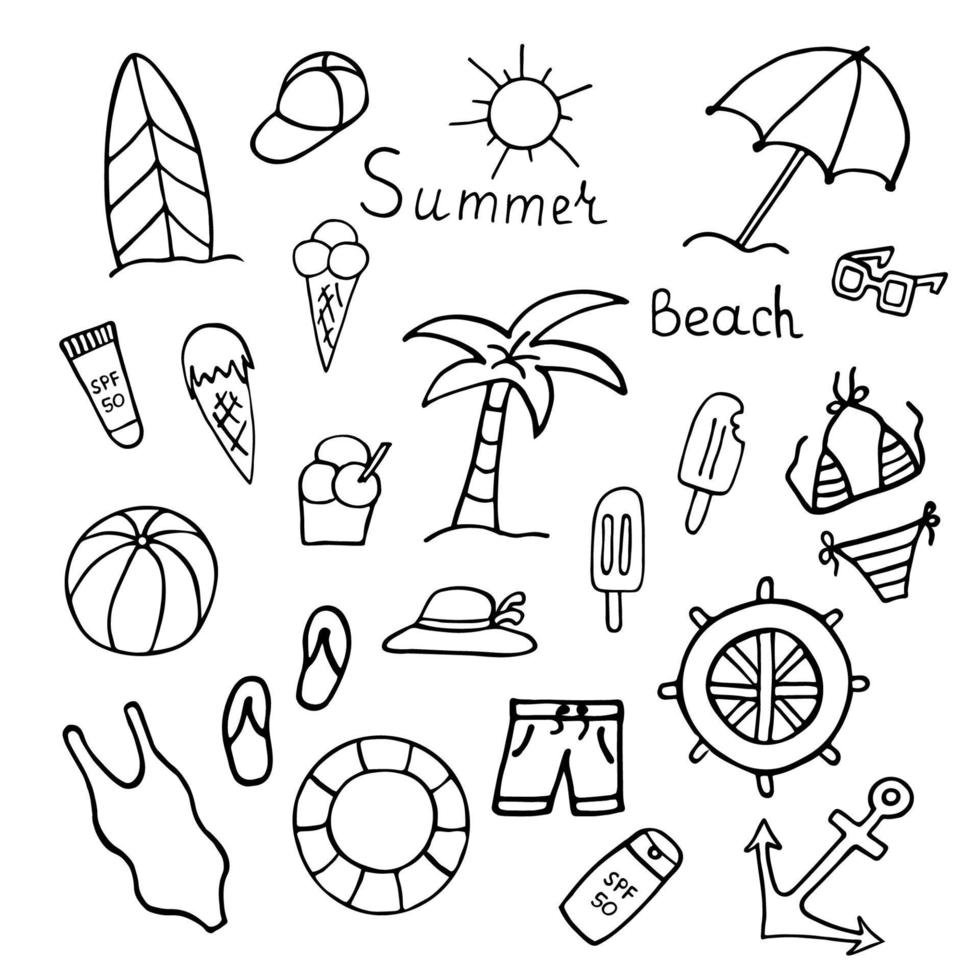 Set of summer beach elements in hand drawn doodle style. Monochrome vector illustration isolated on white background. Collection of things for vacation.