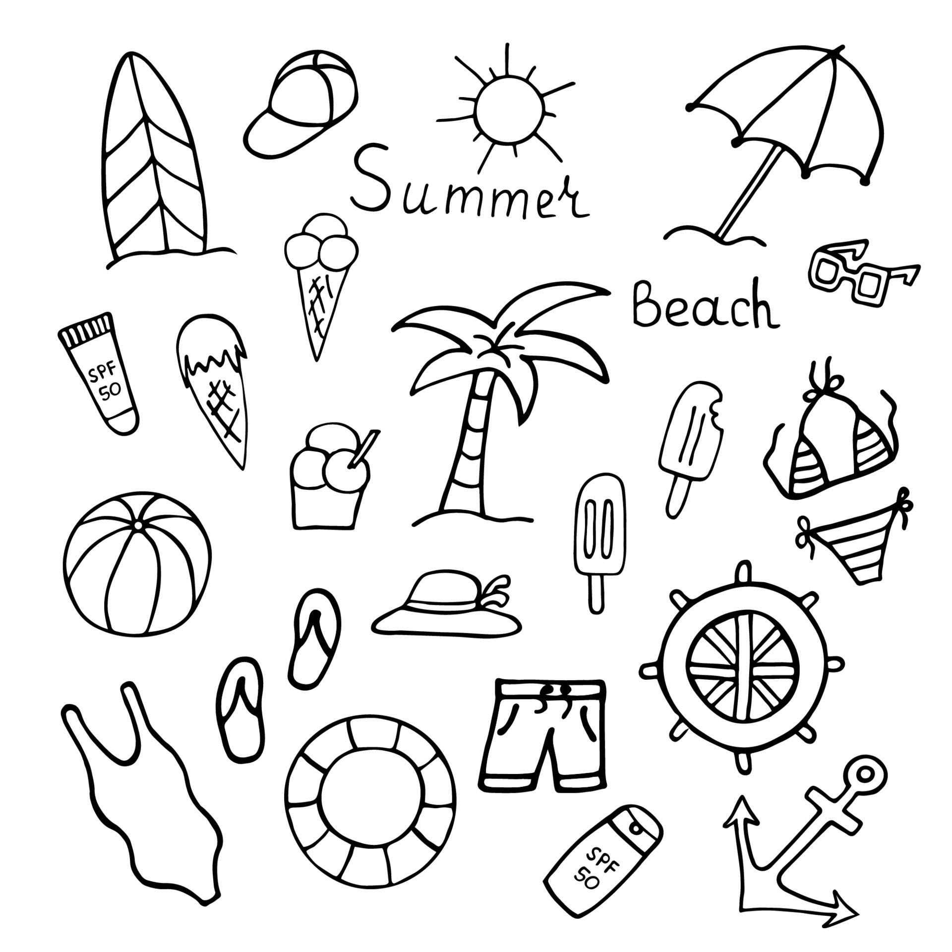 Set of summer beach elements in hand drawn doodle style. Monochrome ...