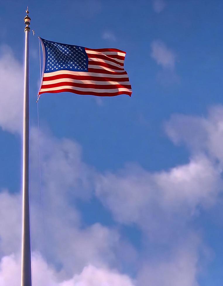 3D United States of America flag fluttering on flagpole with negative space photo