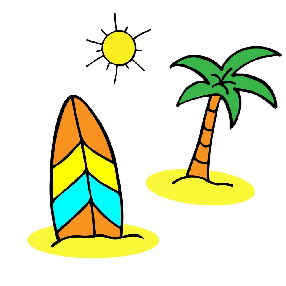 Colorful doodle palm tree and surfboard illustration in vector.Palm and surfboard vector illustration on a white bacground.