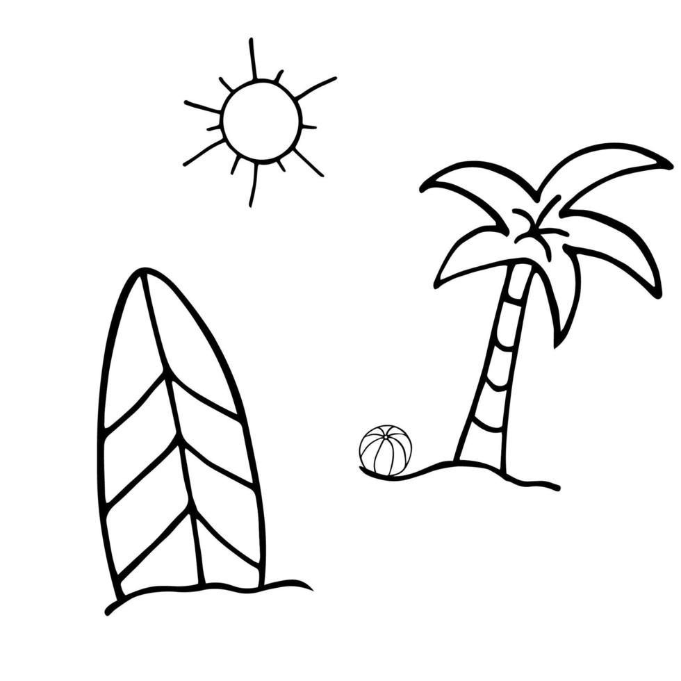 doodle palm tree and surfboard illustration in vector.Palm and surfboard vector illustration on a white bacground.