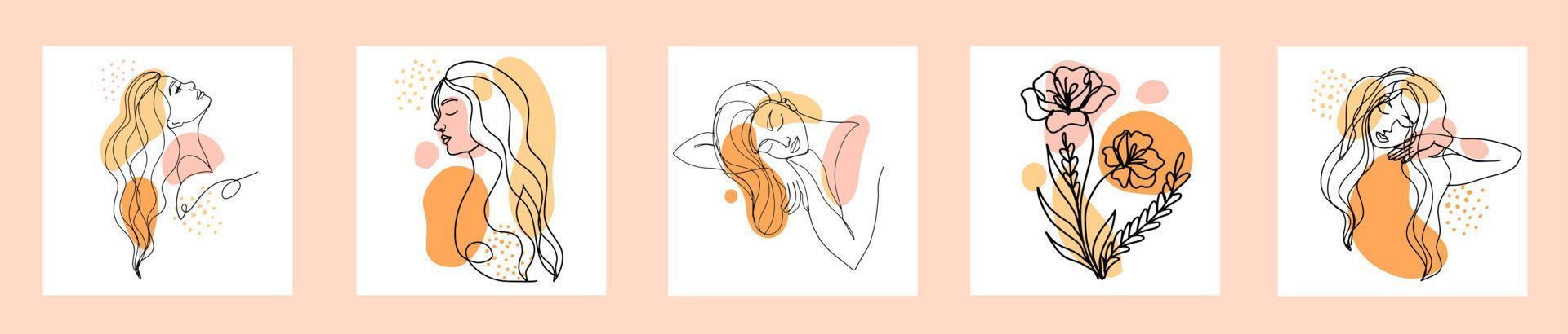 conjunto vectorial de plantillas de diseño e ilustraciones en estilo lineal mínimo - arte moderno minimalista - retrato femenino y flores vector