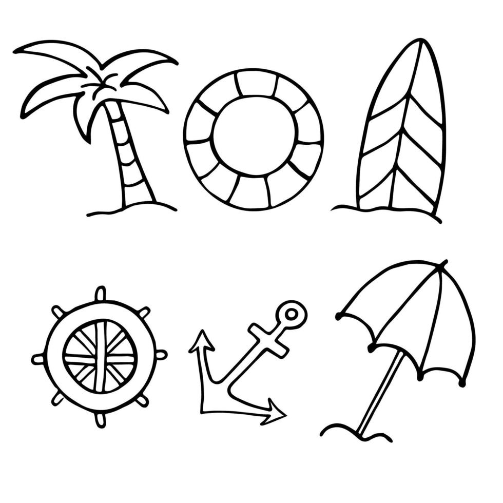 Set of summer beach elements in hand drawn doodle style. Monochrome vector illustration isolated on white background. Collection of things for vacation.