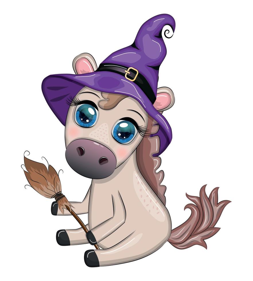 Cute horse, pony in a purple witch hat, with a broom, pumpkin, potion. Halloween card for the holiday vector