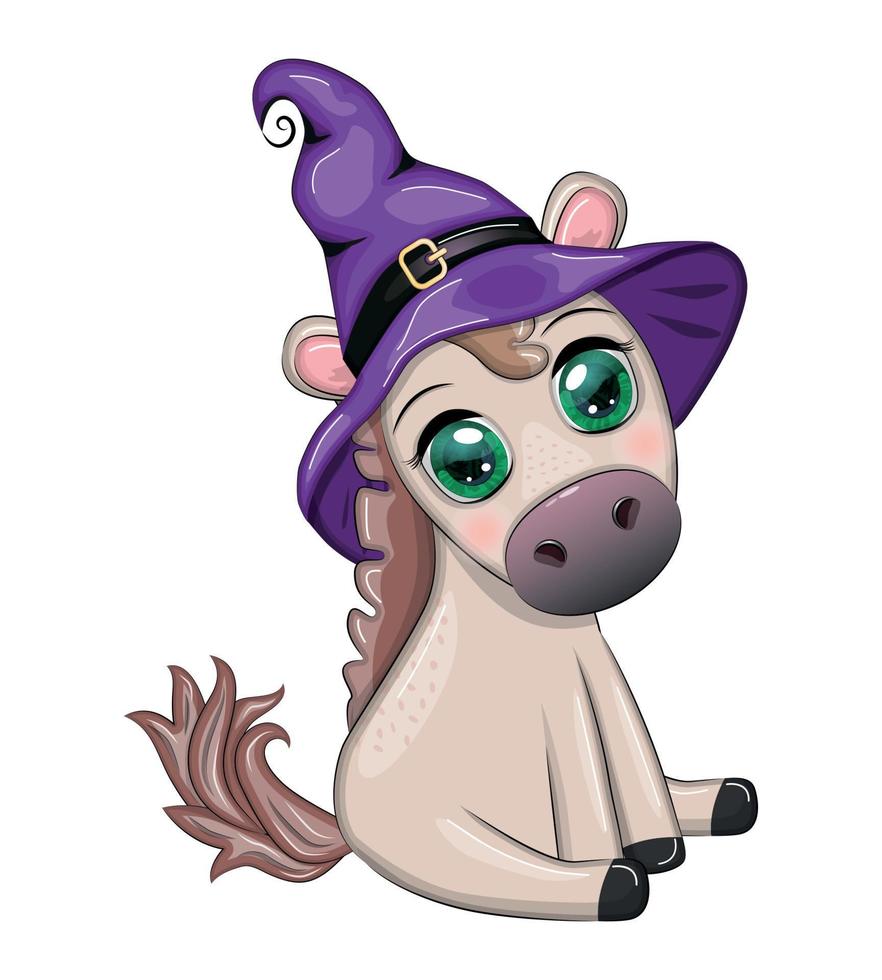 Cute horse, pony in a purple witch hat, with a broom, pumpkin, potion. Halloween card for the holiday vector