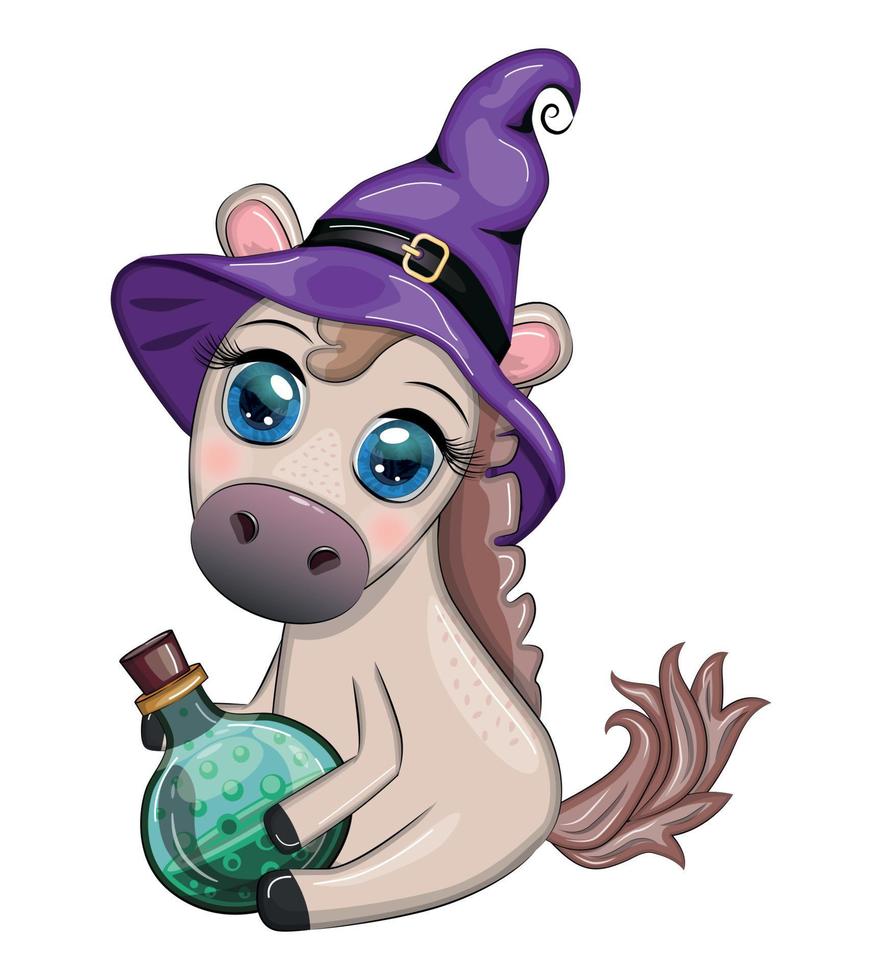 Cute horse, pony in a purple witch hat, with a broom, pumpkin, potion. Halloween card for the holiday vector