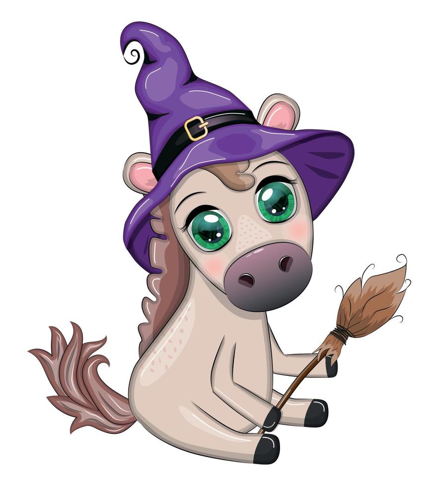 Cute horse, pony in a purple witch hat, with a broom, pumpkin, potion. Halloween card for the holiday vector