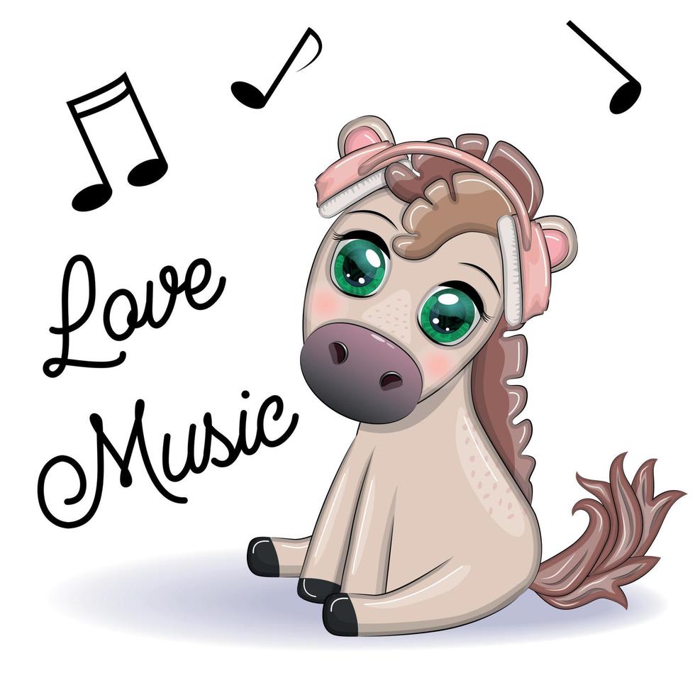 caballo en auriculares escucha a música. yo amor música, linda personaje vector
