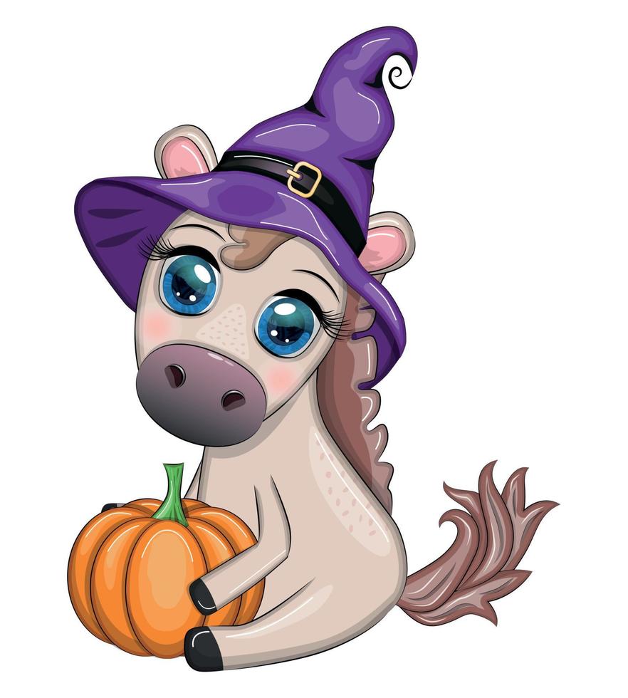 Cute horse, pony in a purple witch hat, with a broom, pumpkin, potion. Halloween card for the holiday vector