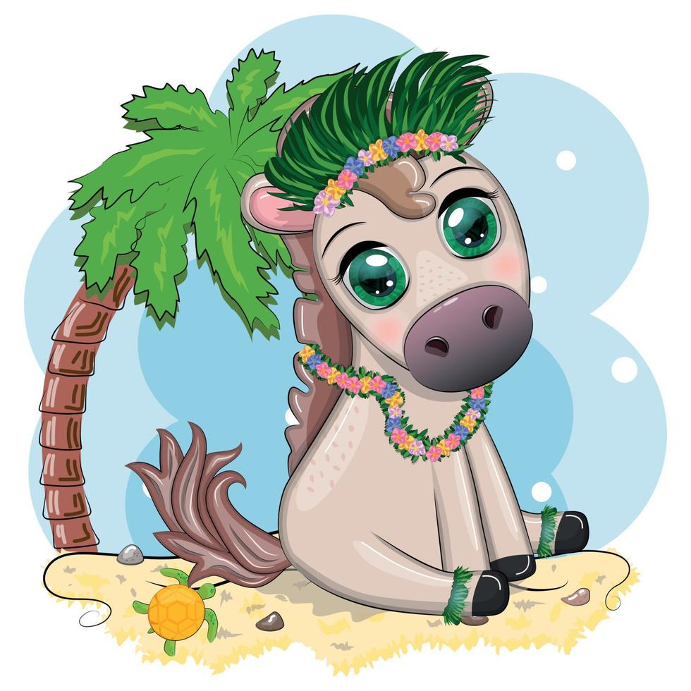 Nice horse, pony in flower wreath, hat, guitar, hula dancer from Hawaii. Summer card for the festival, travel banner vector