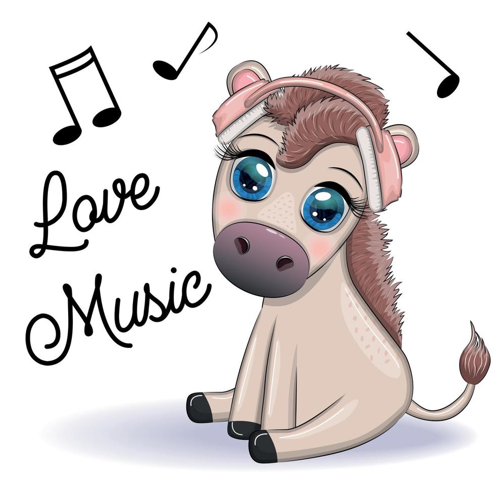 Donkey in headphones listens to music. I love music, cute character vector