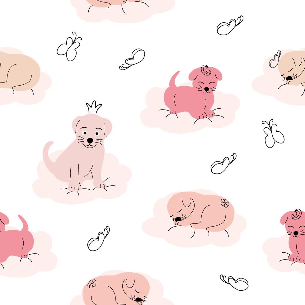 Cute sleeping puppy, clouds, stars, crown, butterflies Seamless pattern. Gentle colors. For newborns vector