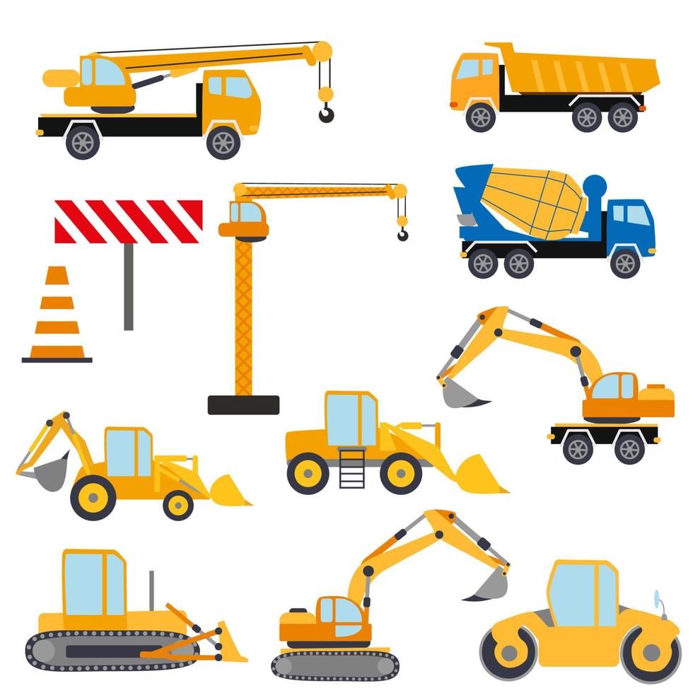 Construction equipment set. Special machines for construction work. Forklifts, concrete mixer, cranes, excavators, tractors, bulldozers, trucks vector