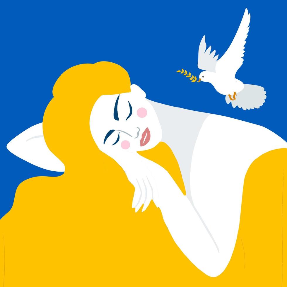 ucranio mujer y paloma. símbolo para paz en Ucrania. nacional país bandera colores vector