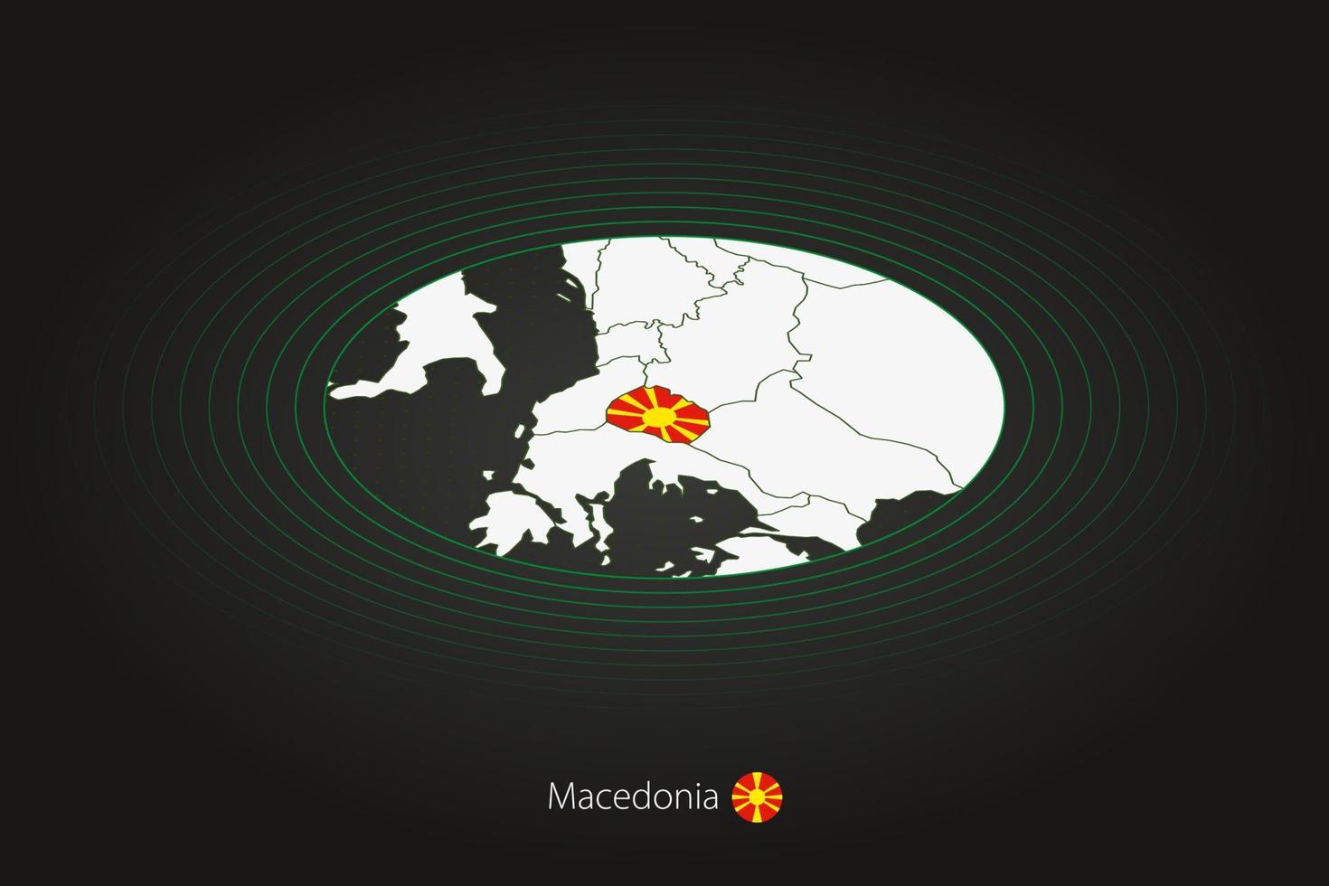 macedonia mapa en oscuro color, oval mapa con vecino países. vector