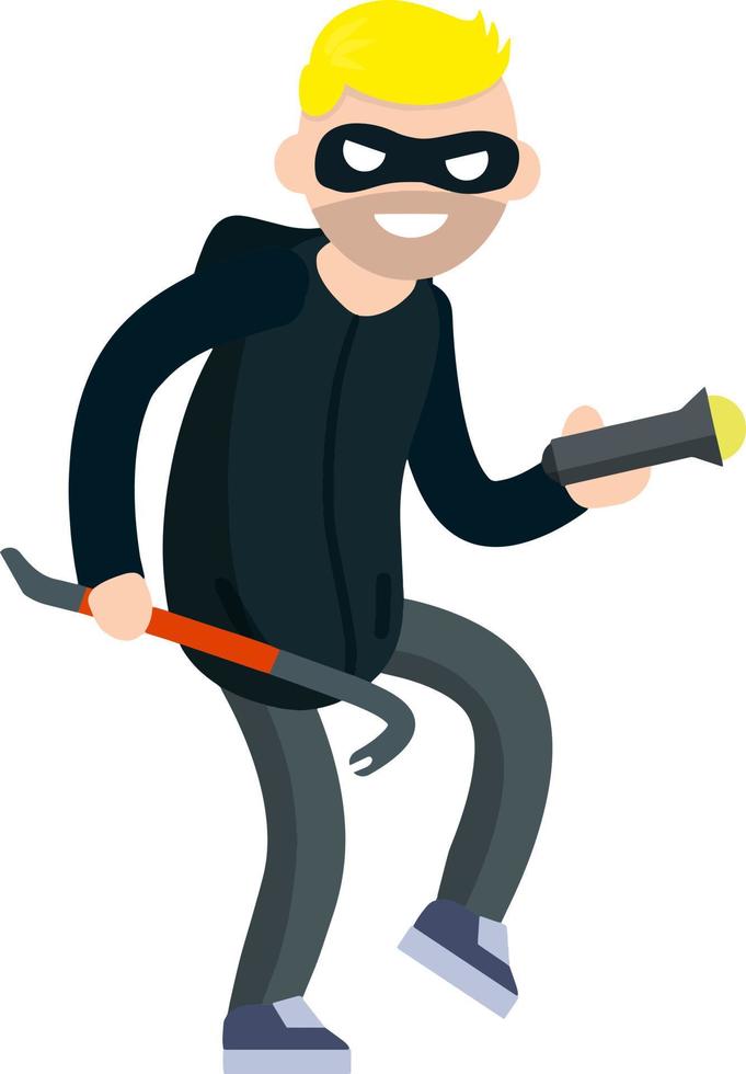 Thief with crowbar. Criminal problem. Man robber in black with mask. Male offender sneaks. Cartoon flat illustration vector