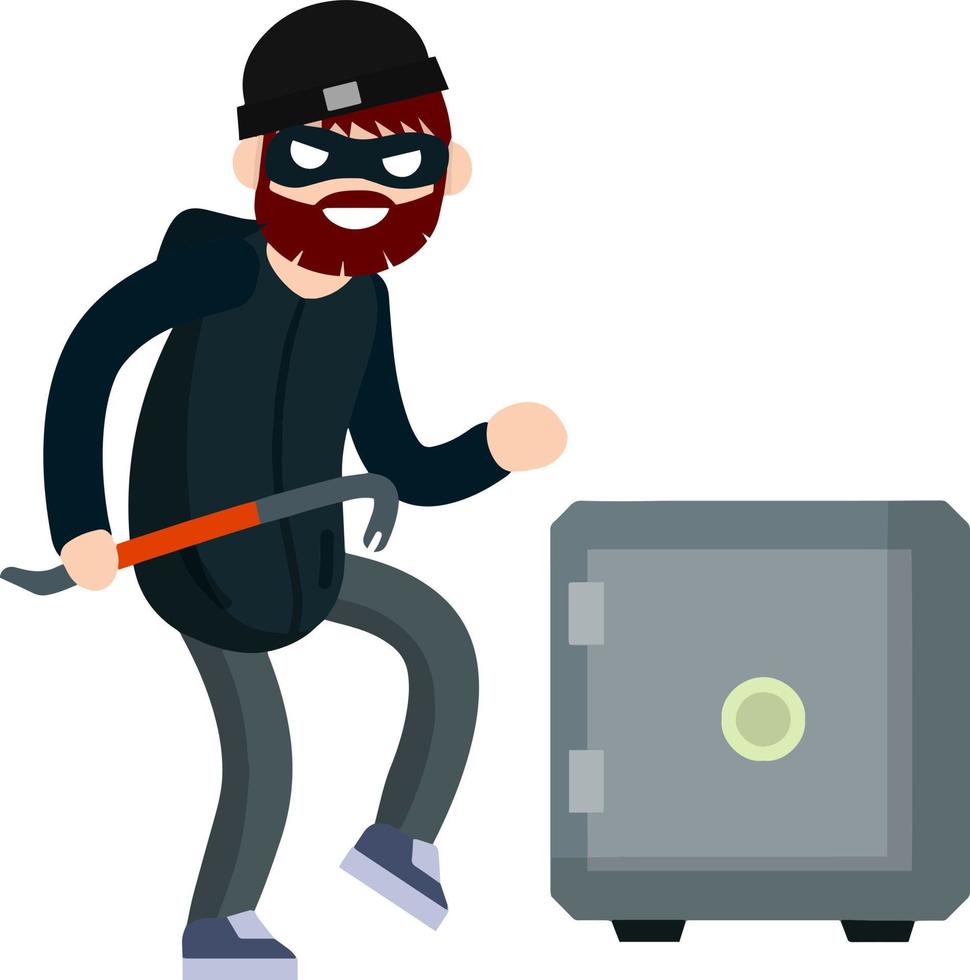 Man Thief with crowbar and Bank safe. Breaking and stealing money. Criminal problem. Male offender sneaks. Cartoon flat illustration. Guy robber in black with mask vector