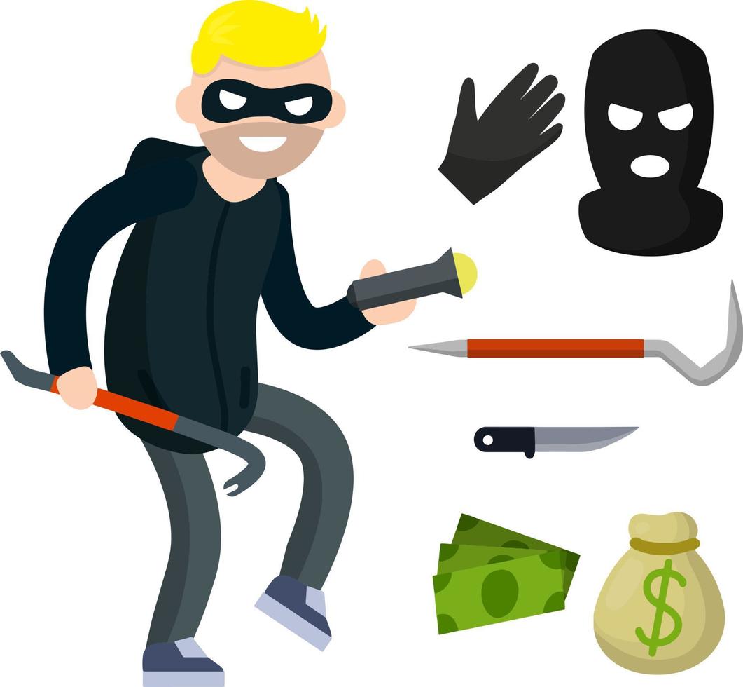 Thief with knife. Robber in black cloth. Set of tools for crime. pinch bar and crowbar, glove. Security problem. Funny guy. Cartoon flat illustration. Man burglar vector