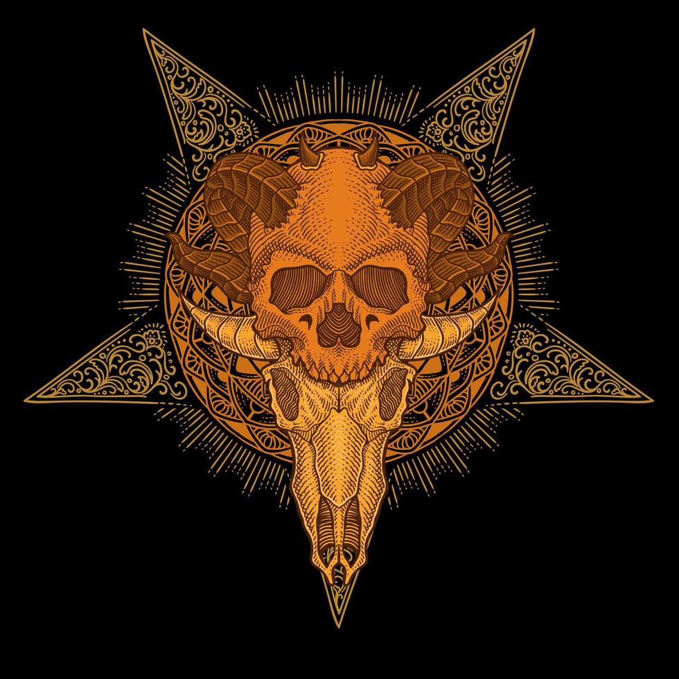 Illustration of demon skull head with vintage engraving ornament in back perfect for your business and Merchandise vector