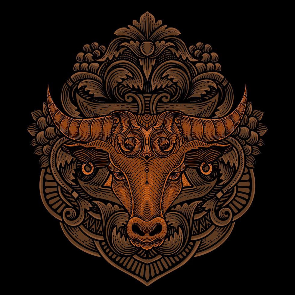 ilustración de toro cabeza tribal estilo con Clásico grabado ornamento en espalda Perfecto para tu negocio y mercancías vector