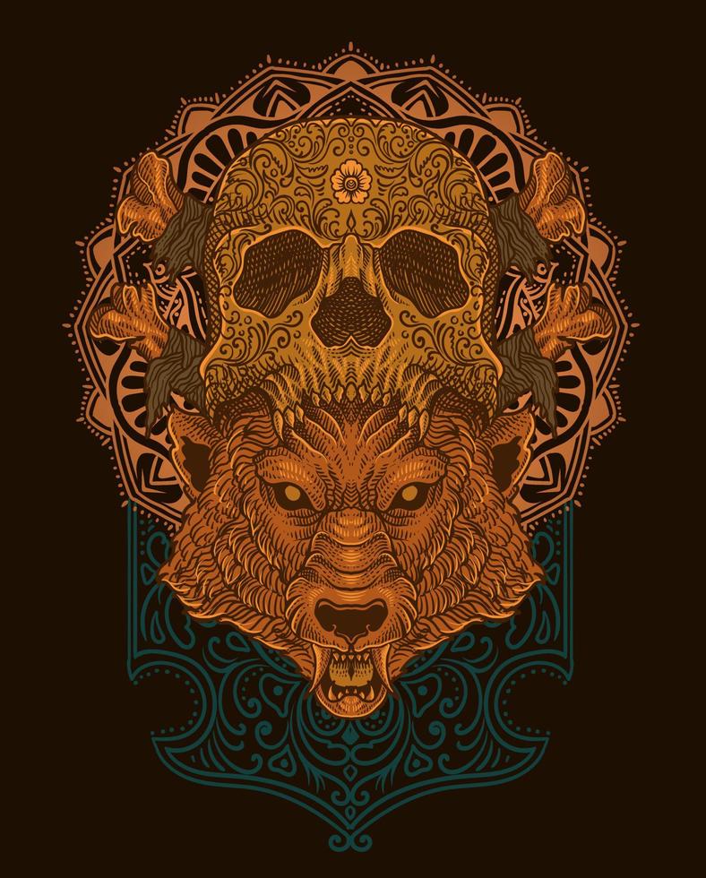 ilustración de lobo cabeza con cráneo sombrero Clásico grabado ornamento en espalda Perfecto para tu negocio y mercancías vector