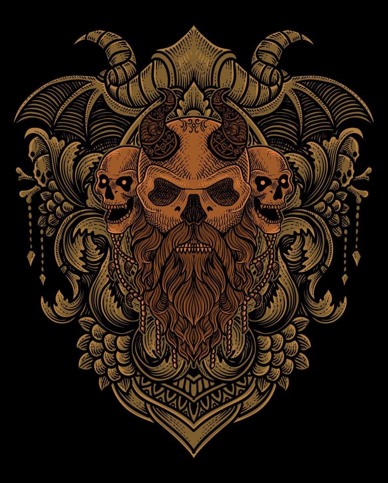 Illustration of viking skull head with vintage engraving ornament in back perfect for your business and Merchandise vector