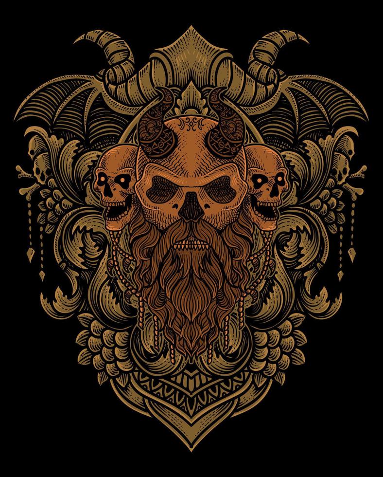 Illustration of viking skull head with vintage engraving ornament in back perfect for your business and Merchandise vector