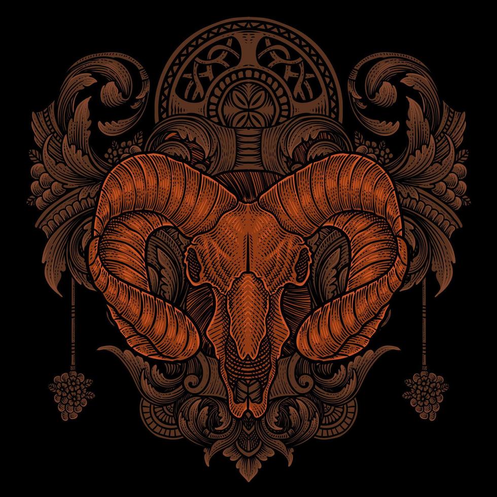 Ram's skull head with antique engraving ornament style good for your merchandise dan T shirt vector