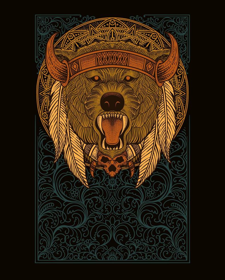 Illustration of tribal bear head with vintage engraving ornament in back perfect for your business and Merchandise vector