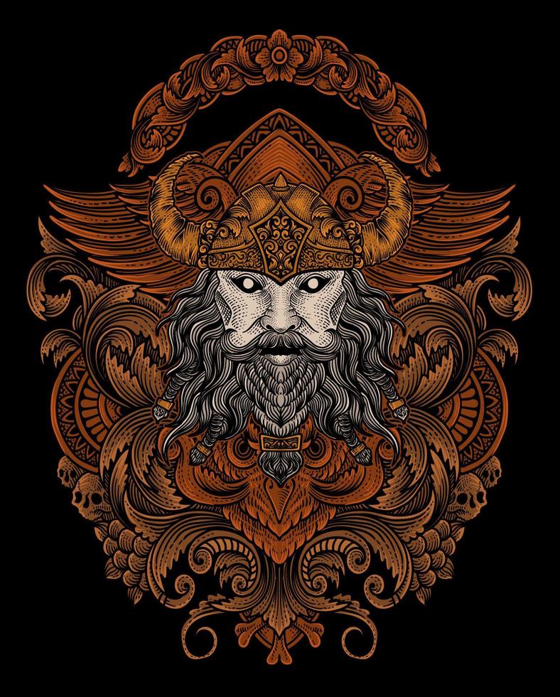 Illustration of viking head with vintage engraving ornament in back perfect for your business and Merchandise vector