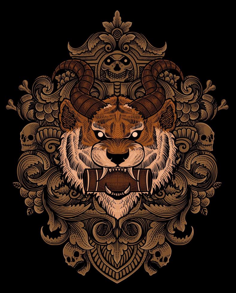 demon tiger head with antique engraving ornament style good for your merchandise dan T shirt vector