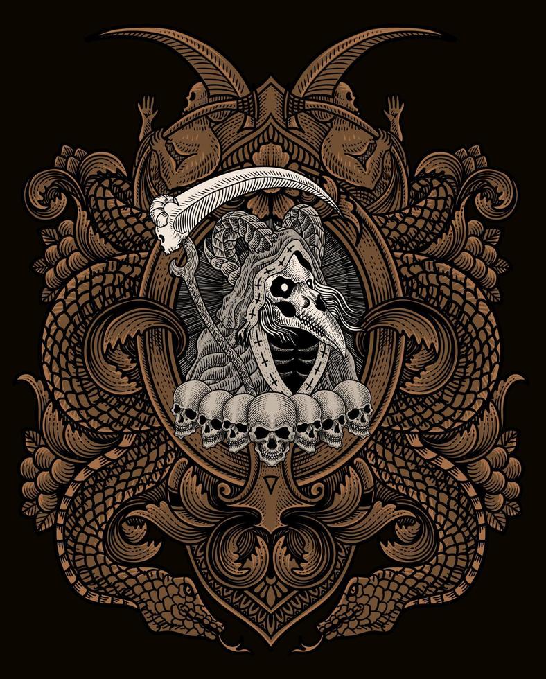 ilustración de de miedo severo segador cráneo con Clásico grabado ornamento en espalda Perfecto para tu negocio y mercancías vector