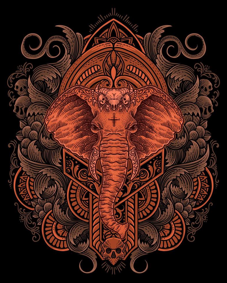 Illustration of Elephant head with vintage engraving ornament in back perfect for your business and Merchandise vector