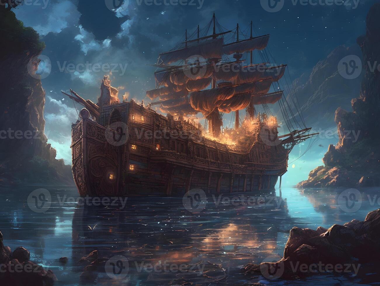 pirate ship on the ocean at the edge of the universe. sky full of stars and constellations. reflections in the water. photo