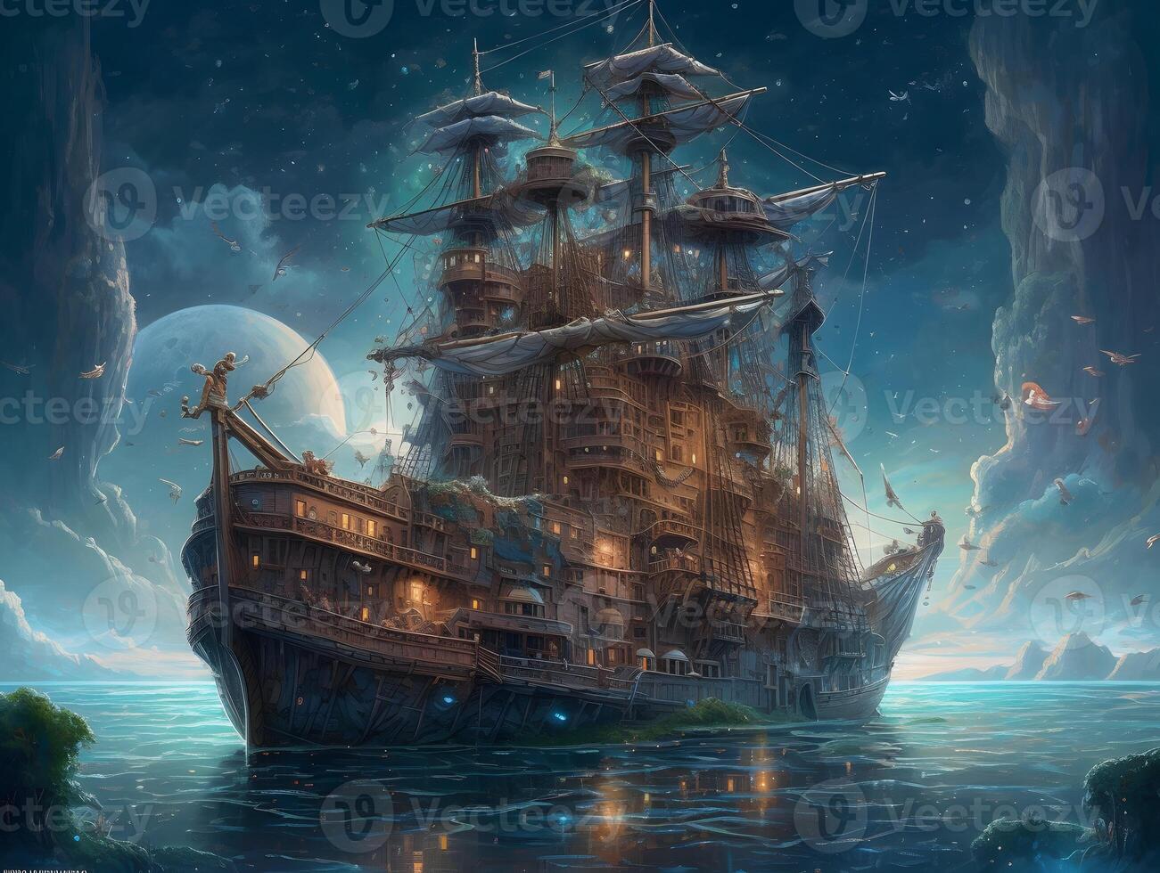 pirata Embarcacion en el Oceano a el borde de el universo. cielo lleno de estrellas y constelaciones reflexiones en el agua. ai generado foto