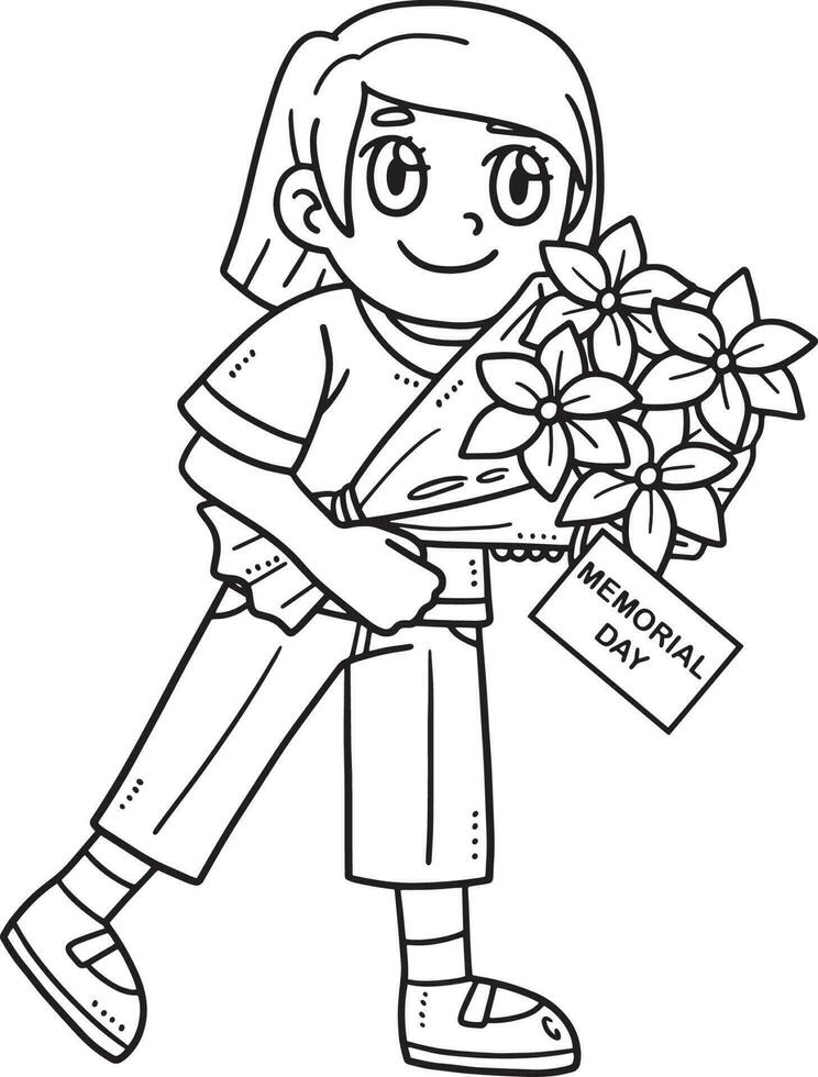 Child Offering Flowers Isolated Coloring Page vector