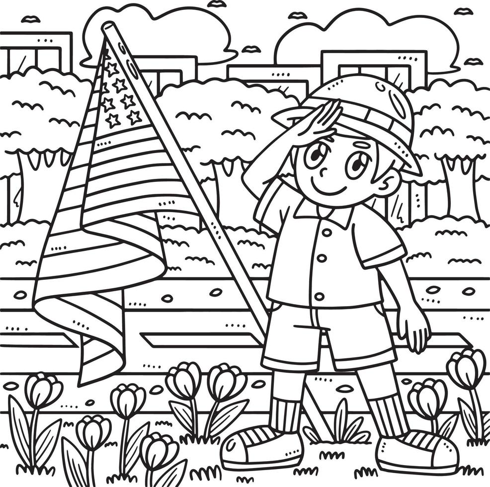 Memorial Day Child Saluting Coloring Page for Kids vector