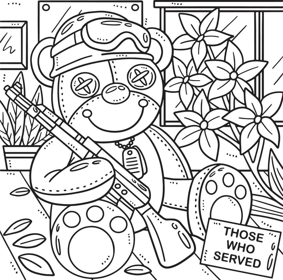 Memorial Day Teddy Bear and a Toy Rifle Coloring vector