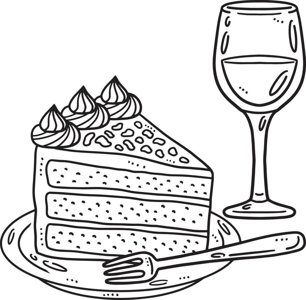 Slice Cake with Glass of Wine Isolated Coloring vector