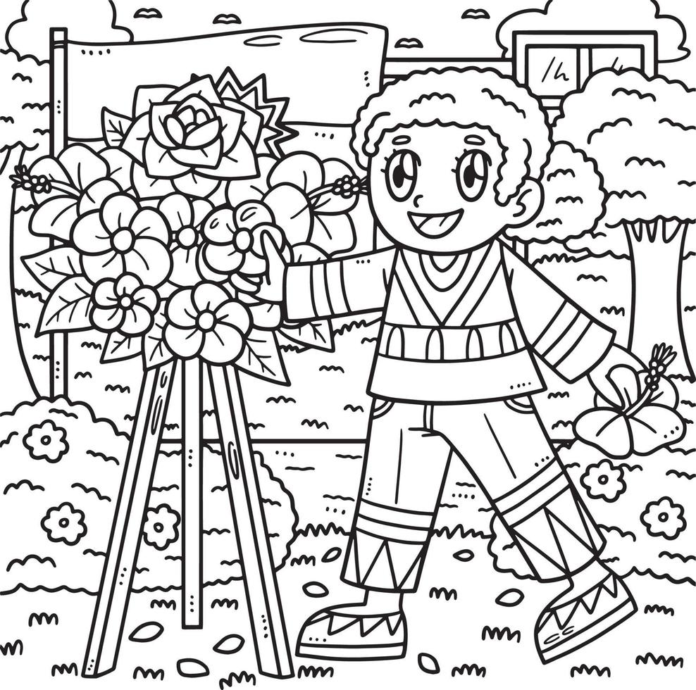 diecinueve de junio niño arreglando flores colorante página vector