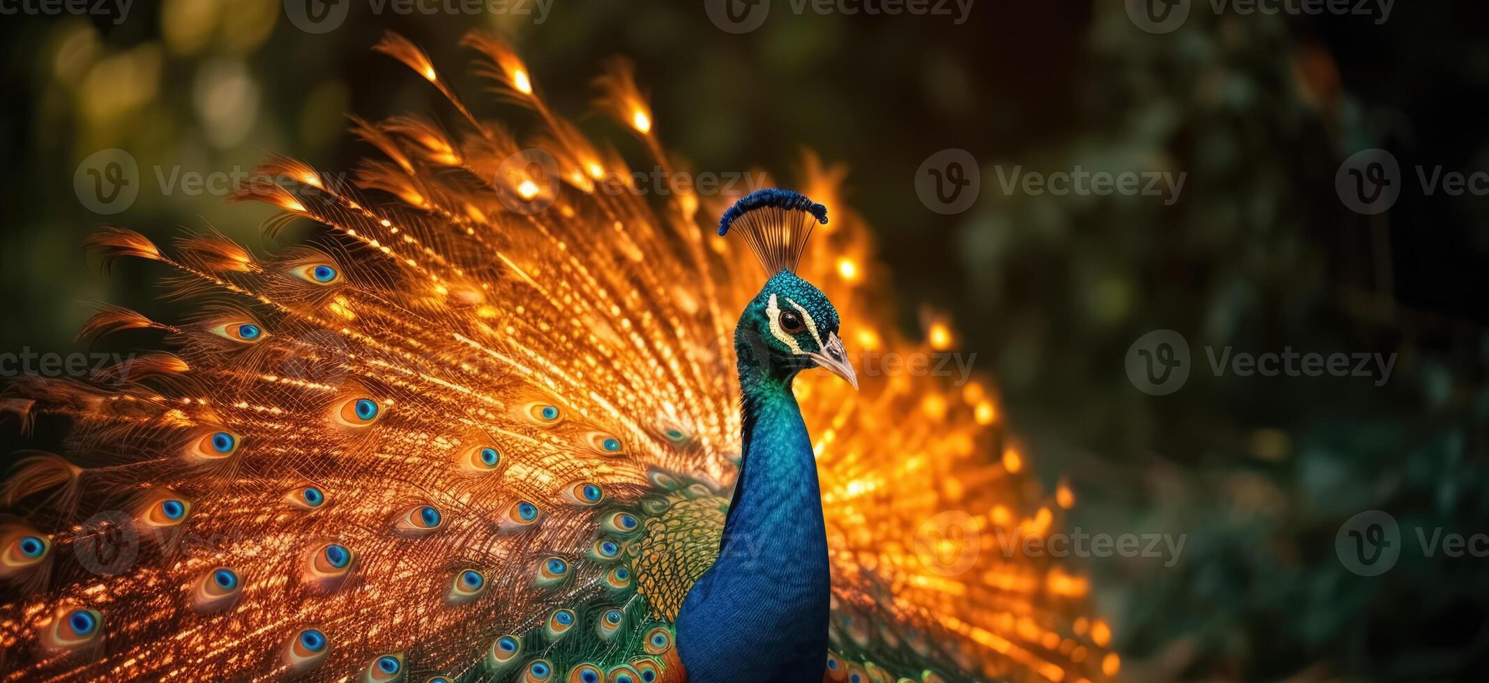 elegante vistoso retrato de un pavo real a puesta de sol. ai generado foto