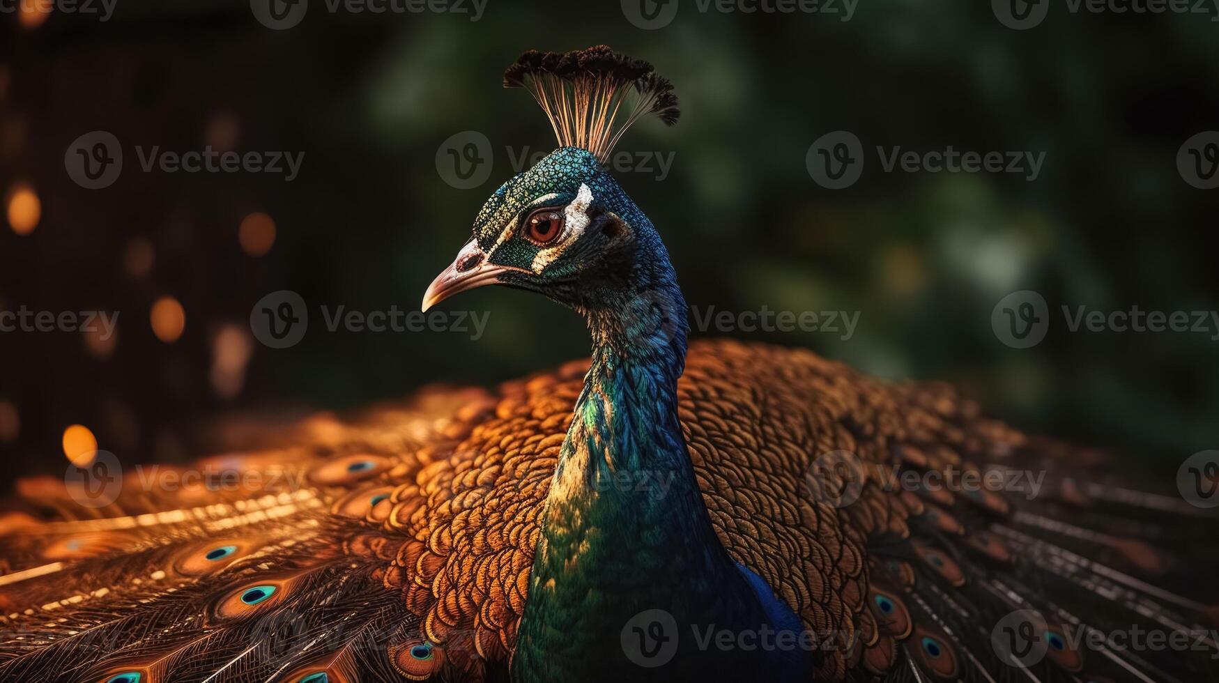 elegante vistoso retrato de un pavo real a puesta de sol. ai generado foto