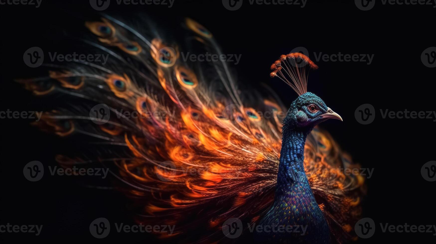 elegante vistoso retrato de un pavo real a puesta de sol. ai generado foto