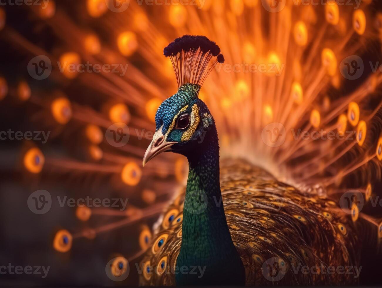 Elegant colourful portrait of a peacock at sunset. photo