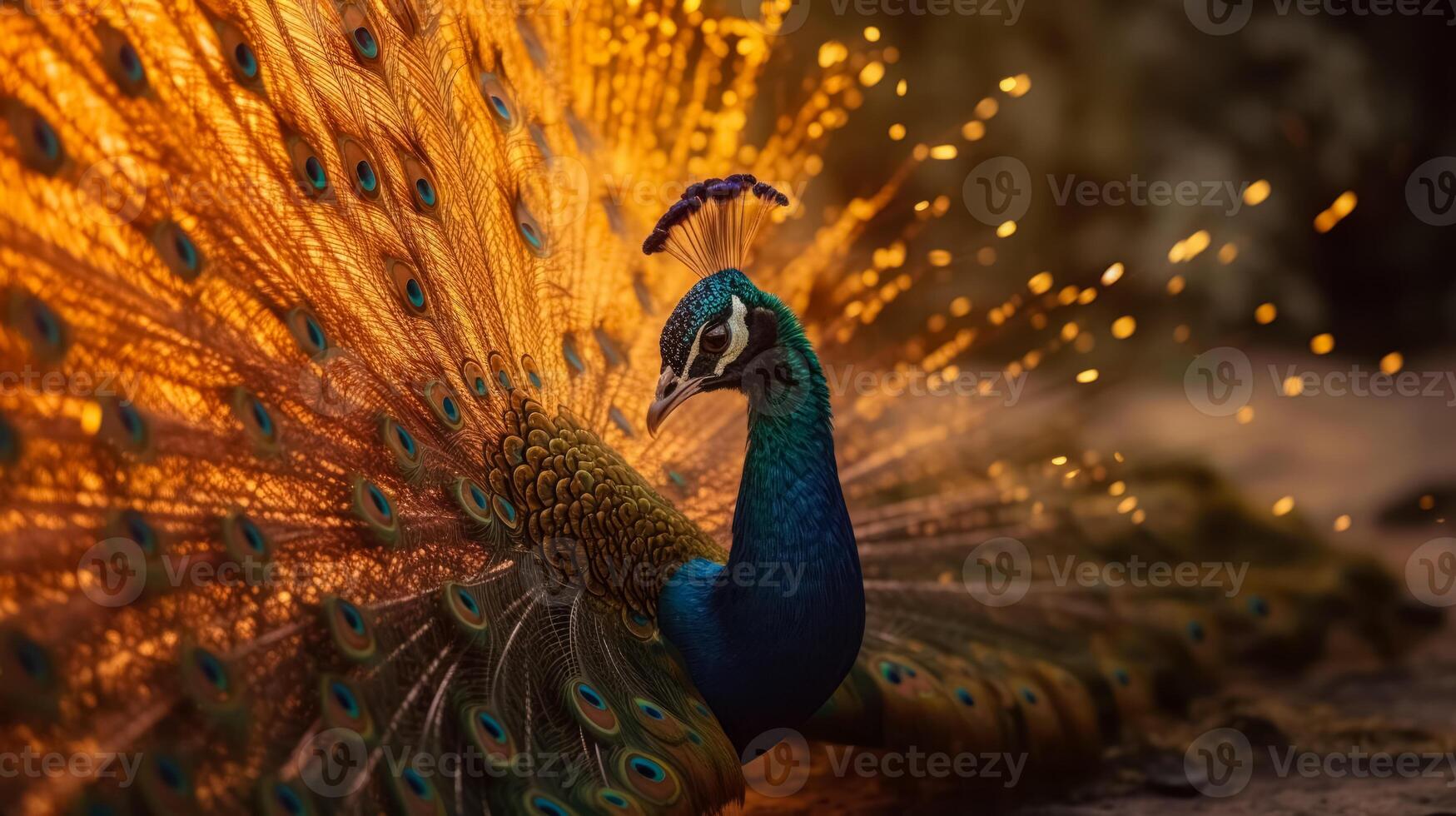 Elegant colourful portrait of a peacock at sunset. photo