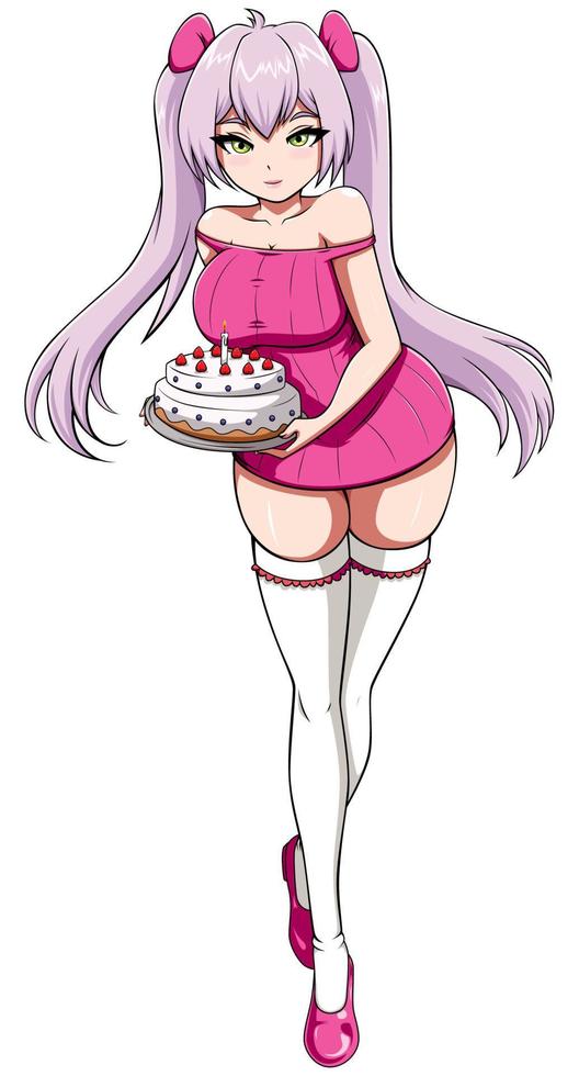 anime niña con cumpleaños pastel en blanco vector